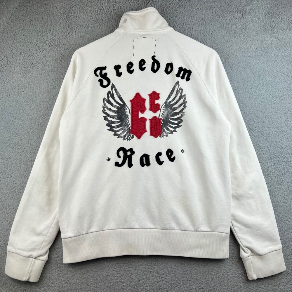 Y2K Guess Jeans Mens Freedom Race Track Jacket White Full Zip Graphic  Size M